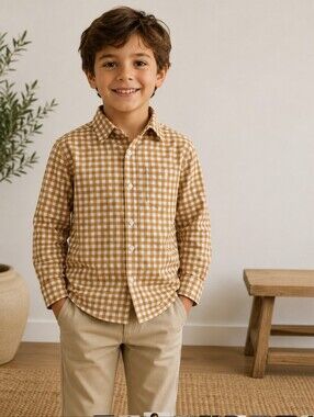 Janie & Jack Boys Sz 7 Plaid Long Sleeve Button Up Shirt Mustard Color